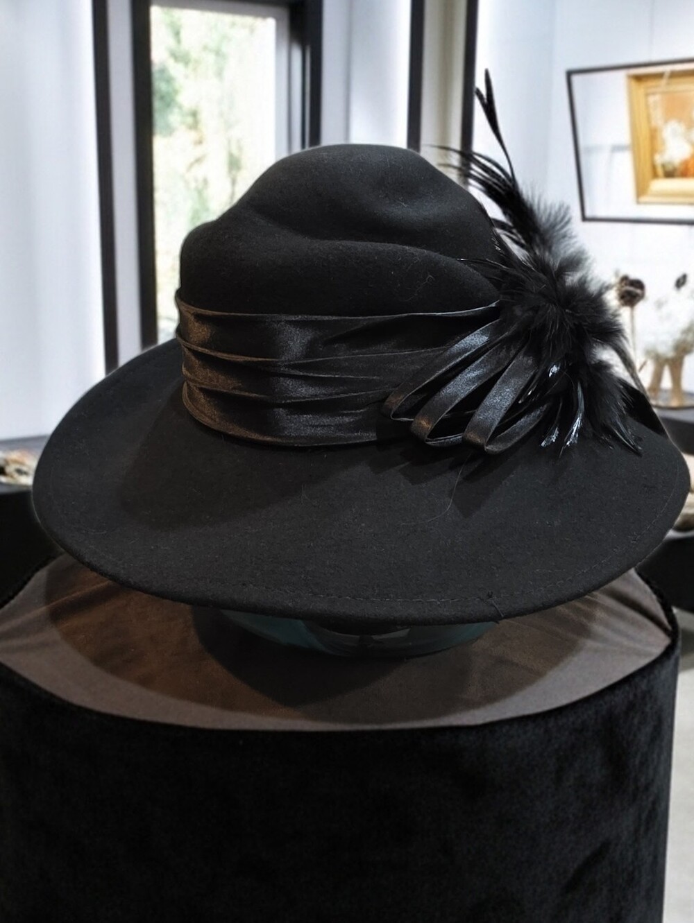 Forbusite Black 100% Wool Felt Wide Brim Dress Hat - Feather & Satin Accents
